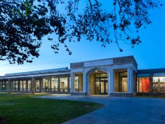 Main entrance is framed in Indiana Limestone