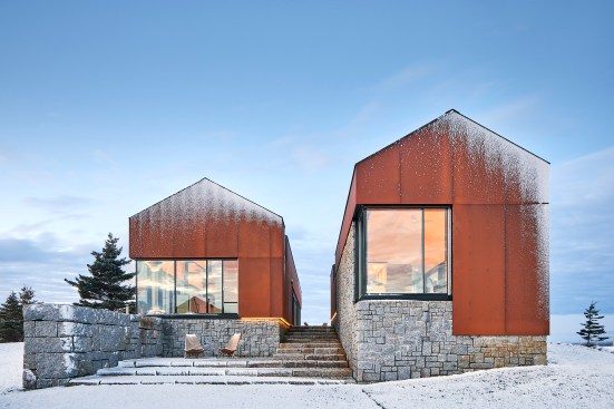 A staircase made from locally quarried Nova Scotia granite leads to a small plaza between the day pavilion (at left) and the night pavilion (at right).