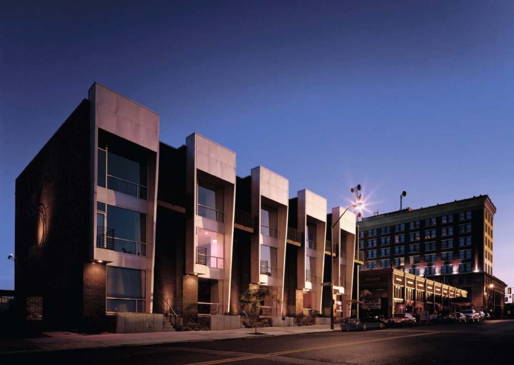 GE5 is an infill project consisting of five modern townhomes on the edge of a historic arts district. Designed by Archimania; developed by Woodard Properties.