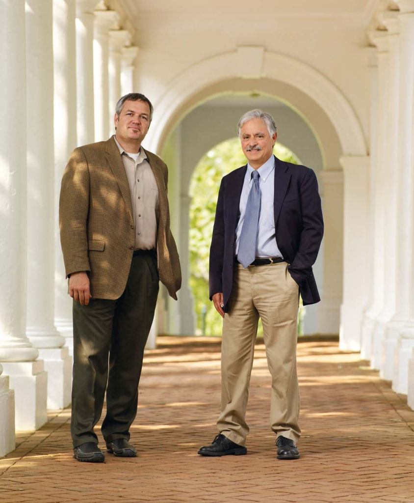 Pictured on the suitably neoclassical campus of the University of Virginia, faculty members Dean Abernathy (far left) of the School of Architecture and Bernard Frischer of the Department of Classics have helped create a digital model of the city of Rome in A.D. 320. Their collaborator on the project is University of California, Los Angeles, classicist Diane Favro, who is currently abroad.