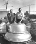 Greenheck founders Bernie Greenheck (left) and Bob Greenheck with a roof ventilator, 1956.