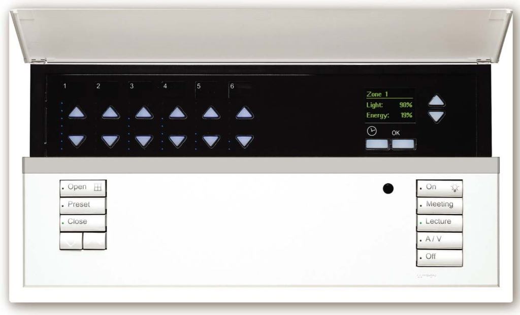 GRAFIK Eye QS controlsLutronwww.lutron.com

Preset system operates lights and shades - Backlit buttons and large information display - Energy savings indicator - Built-in time clock - Direct connection to occupancy sensor - Can dim lights to specific preset levels - Connection to shades and A/V devices without an interface - Selectable number of shade zones 39 colors and finishes
