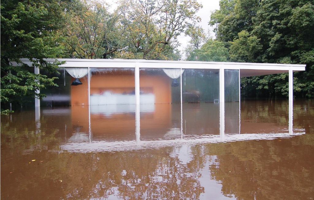 The Farnsworth House on Sept. 14. Because Landmarks Illinois had advanced notice of potential flooding, staff were able to take preventative measures to save furniture.