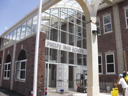 The entrance to Phelps Architecture, Construction & Engineering High School, photographed this summer as the renovated building neared completion.