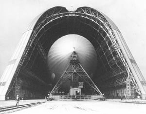 The short-lived dirigible USS Macon and its home, Hangar One, in an undated photo.