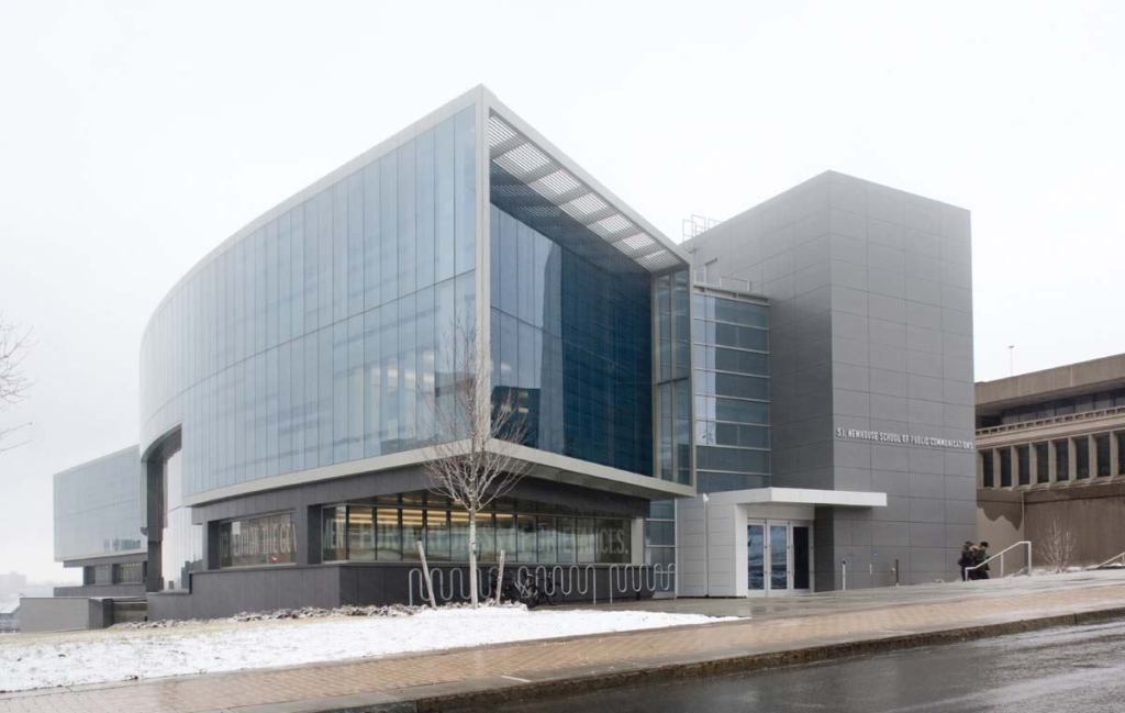The Newhouse III building at Syracuse University houses the school of communications and its state-of-the-art facilities for information gathering, editing, and production.