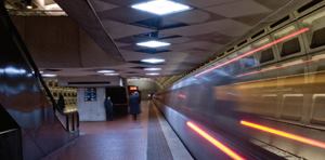 The Foggy Bottom/George Washington University stop on the Orange and Blue lines in Washington, D.C., features LED platform lighting as part of a pilot project (above).