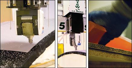 A CNC router cuts 3form plastic into custom shapes. 3form's patented eco-resin can also be customized with layers of nonplastic material-including bamboo, grass, and even shredded money (for use in a bank).