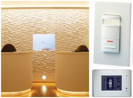Pure Lighting's Stratus LED Linear Wall Grazer (above left) was Jim Benya's product pick of the show. Lighting controls also were prevalent, and easy user interface was a concern addressed by all manufacturers, including Leviton's Decora Light Night Sensor (top right) and a control pad from Square D (above right).