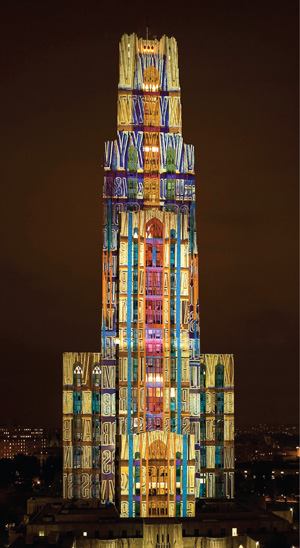 The 535-foot-tall Cathedral of Learning, the second-tallest educational building in the world, was one of more than 20 installation sites for this year's Festival of Lights in Pittsburgh. The designs used high-intensity projectors with lamps ranging from 6000W to 12000W.