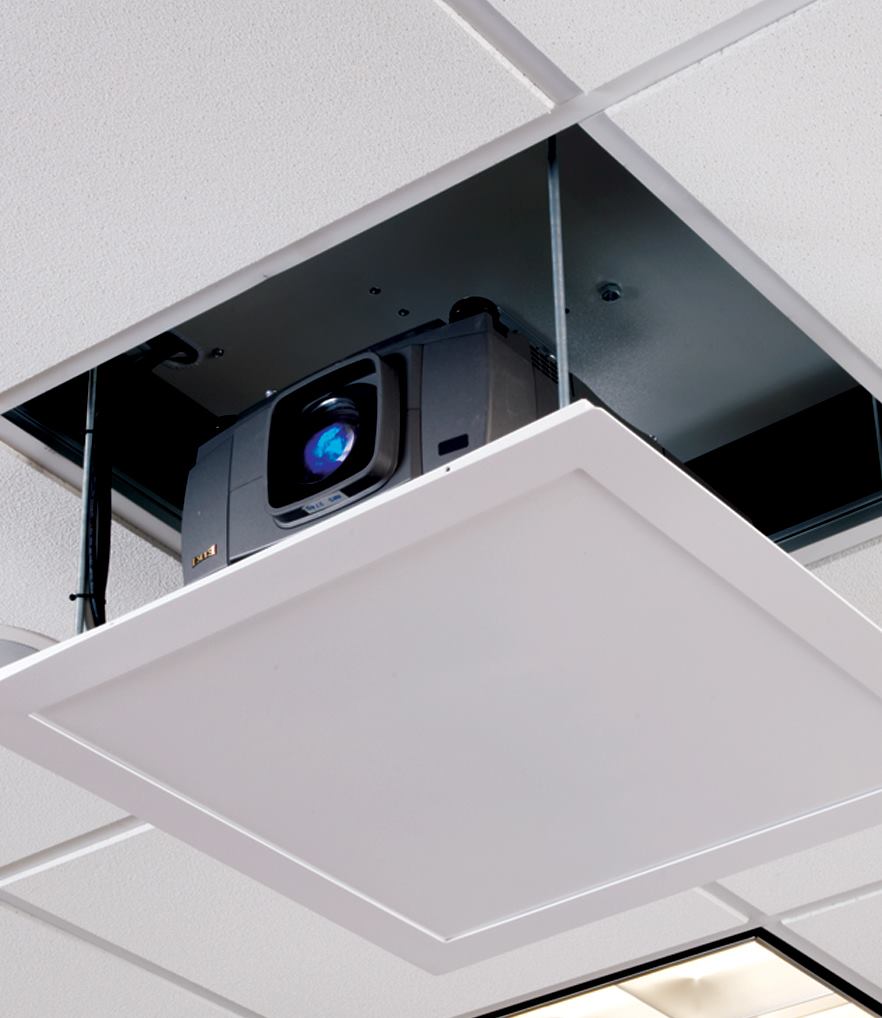 Micro Projector Lift
Draper
www.erinc.com
Compact, side-folding, scissor-style lift - UL listed - Can be installed in an existing 2'-by-2' ceiling opening - Closed height of lifting unit is 5" tall (not including projector, mounting mechanism, or closure) - Weighs 35 pounds - Projector's display position can be set at any point with infinite adjustability, up to 48" extension