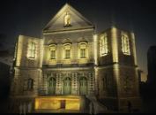 Montreal-based BCK Design's proposal to illuminate the façade of the Gesú features a yellowish glow resembling a candle flame created by LEDs around the theater entrance, but uses mostly white light to accent the church. The designers were inspired by the building's history and wanted to highlight its dual functions as a church and a theater.