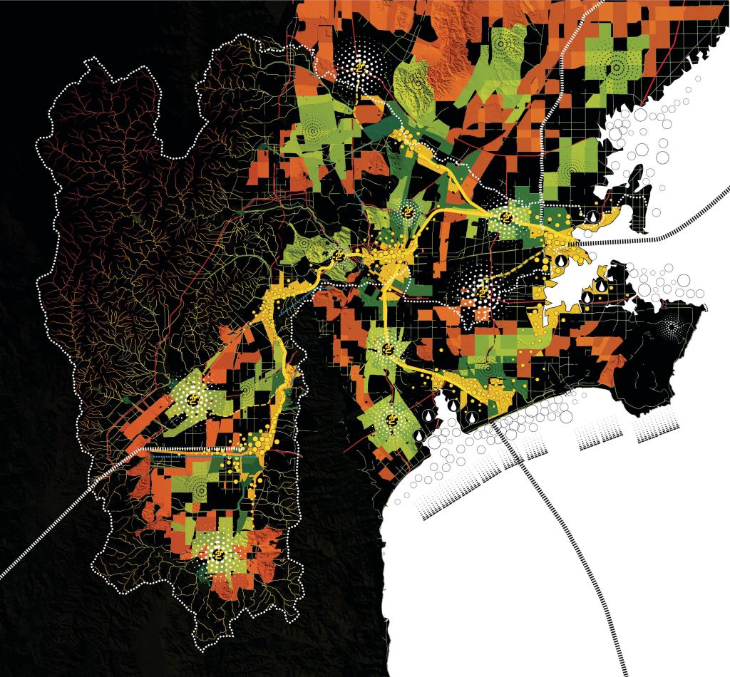 Imagining Los Angeles, free from imported oil and water, over the next century, David Fletcher's Flow, Focus, and Fuzz proposal bundles transit, waste, and water infrastructure (yellow) to create a dense urban zone; makes landscapes operative (green); and places areas of remediation and cultivation (starbursts) along lines of flow.