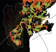 Imagining Los Angeles, free from imported oil and water, over the next century, David Fletcher's Flow, Focus, and Fuzz proposal bundles transit, waste, and water infrastructure (yellow) to create a dense urban zone; makes landscapes operative (green); and places areas of remediation and cultivation (starbursts) along lines of flow.