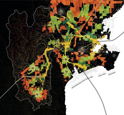 Imagining Los Angeles, free from imported oil and water, over the next century, David Fletcher's Flow, Focus, and Fuzz proposal bundles transit, waste, and water infrastructure (yellow) to create a dense urban zone; makes landscapes operative (green); and places areas of remediation and cultivation (starbursts) along lines of flow.