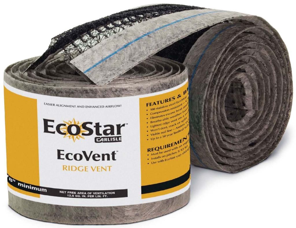 EcoVent ridge ventEcoStarecostar.carlisle.com

Continuous tile-over ridge vent - Removes hot, moist air from the attic space of a building - Helps reduce cooling costs of a building while preventing moisture buildup - Offered in 20-foot-by-10½-inch rolls