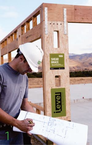 iLevel shear braceWeyerhaeuserwww.weyerhaeuser.com
Prebuilt, engineered panel
More consistent performance than site-built shear walls
Manufactured in a controlled setting
Can be used in multistory applications
Resists high lateral loads
Available in 12- and 18-foot widths, various stock, and custom heights