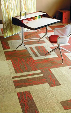 Dressed to Kill CollectionShaw Contractwww.shawcontractgroup.com

Four broadloom patterns(bloom, swirl, float, and shadow) and 10 tile options are available



Cradle-to-cradle recyclability



42 choices for field and accent colors



50-yard broadloom minimum



Tile size is 24 inches square



Eco Solution Q nylon fiber



EcoWorx PVC-free recyclable tile backing