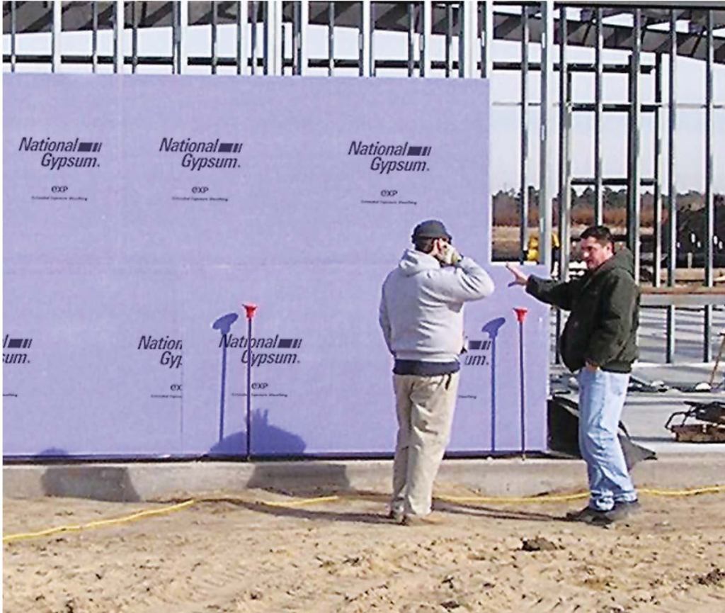 Gold Bond e2XP exterior panel
National Gypsum
www.nationalgypsum.com
Mold- and moisture- resistant
Designed for installation on sidewall and soffit framing as a water-resistant underlayment, in a curtain wall or EIFS, or under metal, vinyl, wood, or fiber-cement finishes
Works with wood and metal