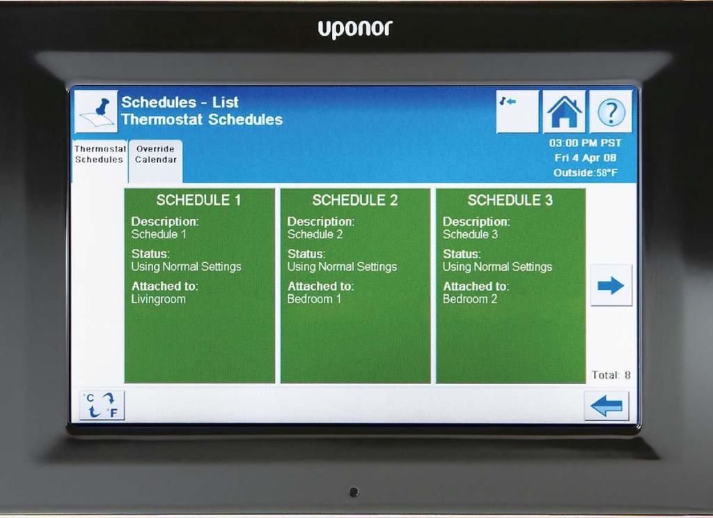 Climate Control Network System

Uponoruponor-usa.com

Hardware and software package controls and connects HVAC systems - System status and settings available from a webpage or touchpanel - Modular and expandable - Sensors fit into a 1¾-inch hole - Wall sensors read and track humidity as well as air, slab, and outdoor temperatures - Thermostats control two stages of heating and two stages of cooling and supplemental heating - System can control fan and heat recovery ventilators - Thermostats can control comfort settings for several areas