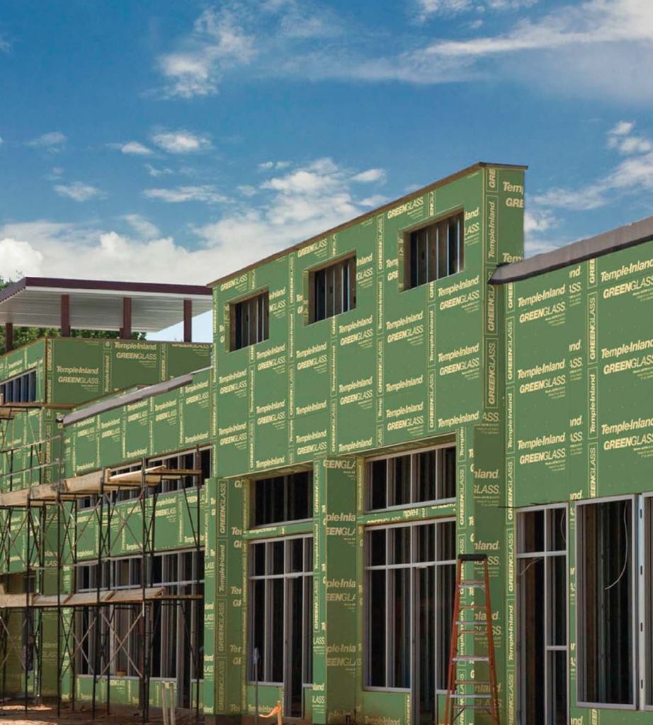 GreenGlass gypsum

Temple-Inland

www.templeinland.com

Fiberglass-faced gypsum sheathing



Up to 90 percent recycled content



Can be installed under a variety of exterior veneers, including brick, stone, metal, wood, vinyl, and various curtain-wall systems



Available in both a ½-inch-thick standard core version and a 3-inch-thick



Type X fire-resistant gypsum board core