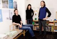 Lars Fischer, Maria Ibanez, and Todd Rouhe (left to right) share three firms - IdS/R Architecture, Lars Fischer Architecture, and common room-operating out of the same office on Grand Street in Manhattan. Common room 2 is their name for the public lobby of their building, where they regularly curate exhibitions.