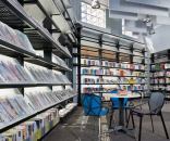 The shelving units in the Glendale Satellite Library use McNichols steel gratings and sandblasted acrylic to showcase books and periodicals.