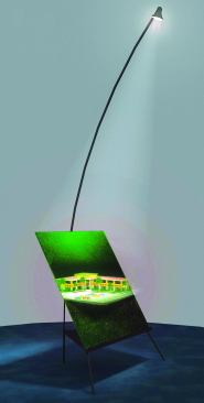 Zebra Imaging's holograms for the AEC sector are reflection holograms: When illuminated from above, what first looks like plain black film communicates its 3D effect.