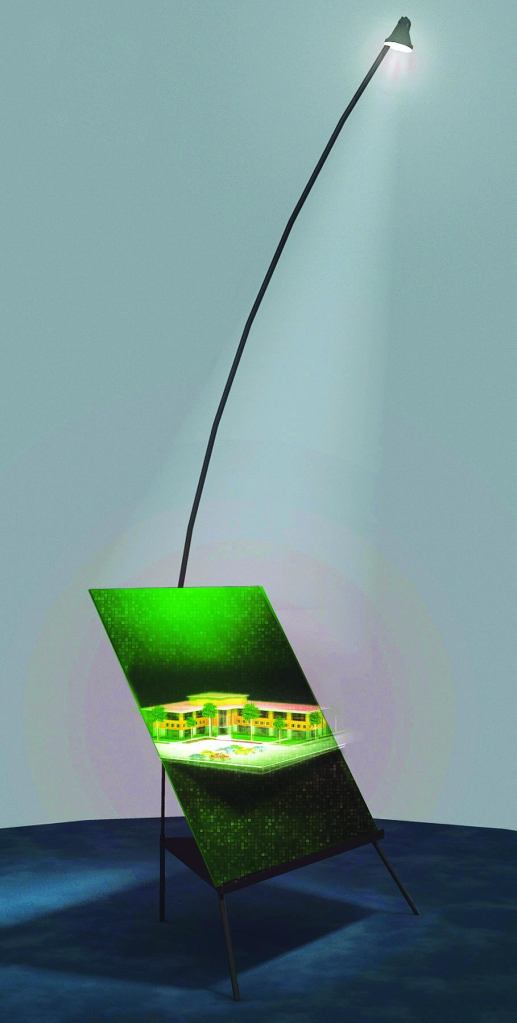 Zebra Imaging's holograms for the AEC sector are reflection holograms: When illuminated from above, what first looks like plain black film communicates its 3D effect.