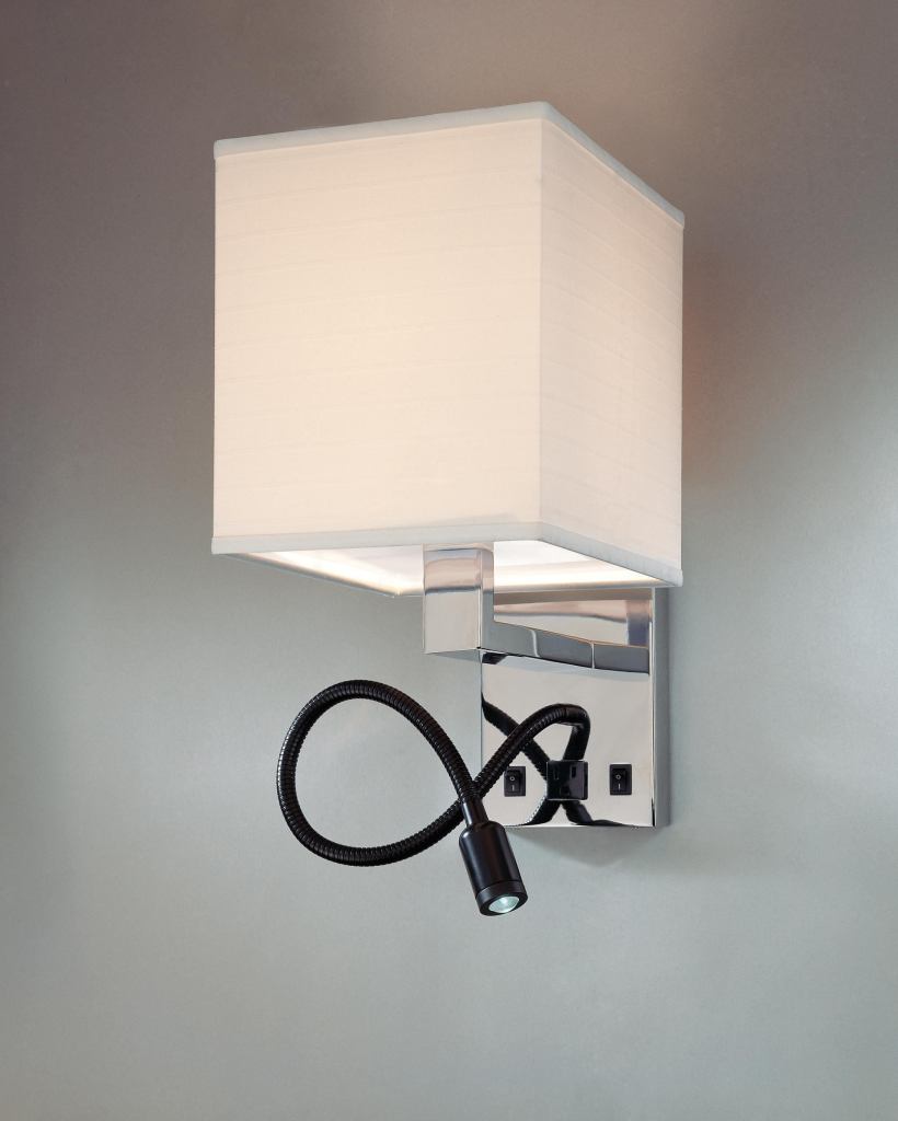 Cubic LED Sconce



Top Brass Lighting

topbrasslighting.com

Wall sconce with LED reading light on 18" gooseneck - Fixture and gooseneck available in polished chrome, brushed nickel, and custom finishes - 1W LED emitter on gooseneck - Medium-base socket, 25W bulb on sconce - 16" tall by 8" wide with 13" extension - Off-white linen shade