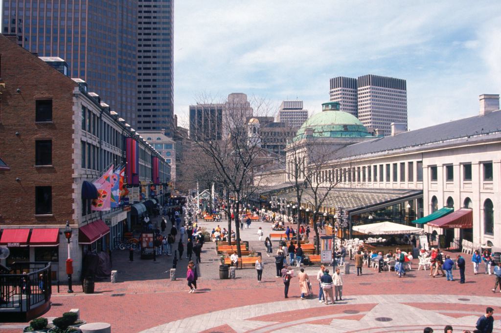 Faneuil Hall and Quincy Marketplace in Boston in early spring.