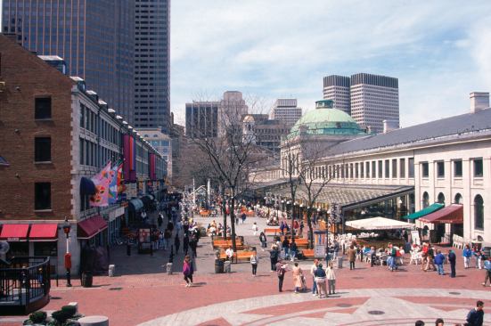 Faneuil Hall and Quincy Marketplace in Boston in early spring.