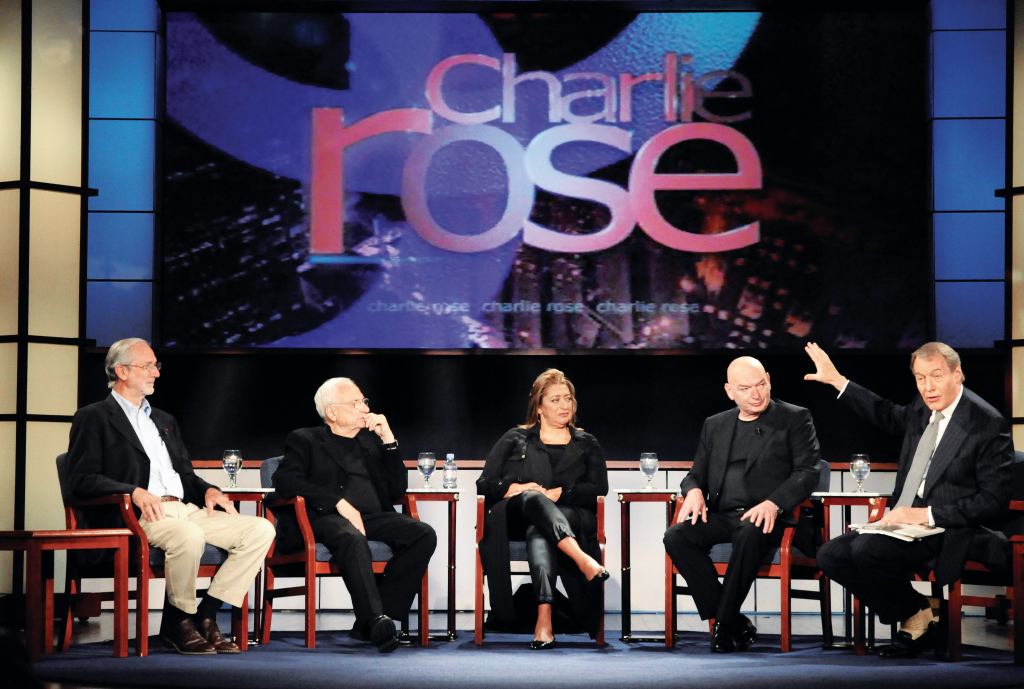 Pritzker Prize winners Renzo Piano, Frank Gehry, Zaha Hadid, and Jean Nouvel (left to right) consider a question from host Charlie Rose during a taping of The Charlie Rose Show, held in Washington, D.C., in June 2008.