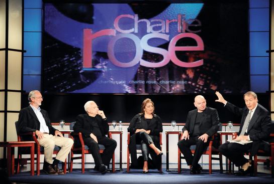 Pritzker Prize winners Renzo Piano, Frank Gehry, Zaha Hadid, and Jean Nouvel (left to right) consider a question from host Charlie Rose during a taping of The Charlie Rose Show, held in Washington, D.C., in June 2008.