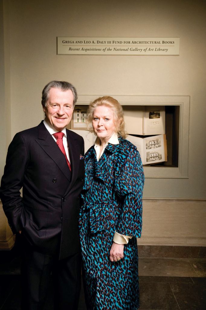 Leo A. Daly III and his wife, Grega, in the exhibition space. The Dalys have pledged funding over 10 years to support the National Gallery of Art's acquisition of architectural books. “It’s something my family is passionate about,” says Leo Daly, the chairman and CEO of global firm Leo A Daly and a book collector himself.