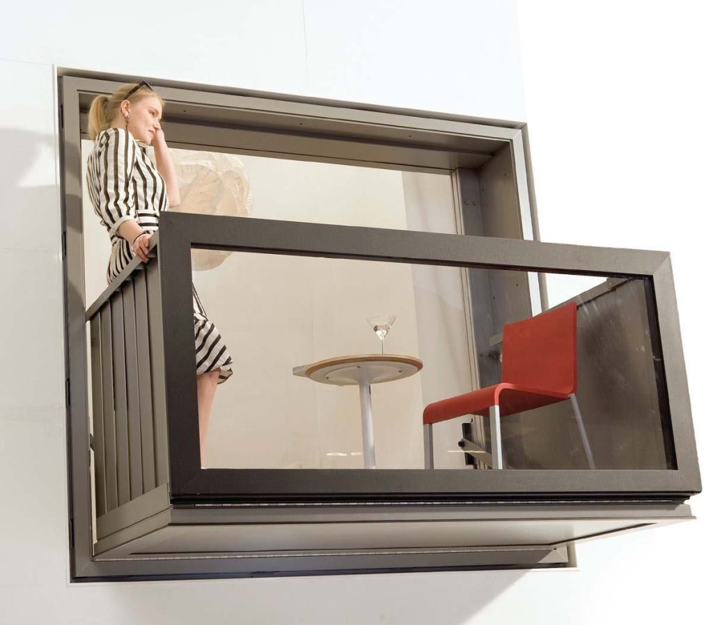 Bloomframe balconyHurks geveltechniek bvwww.hurks.nl

Designed by Dutch firm Hofman Dujardin Architects - Three-dimensional window frame tilts down into a balcony - For compact apartments, dormitories, and hotels - Opens to provide a few square feet of outdoor space - Electronically operated balcony opens in 15 seconds with the push of a button