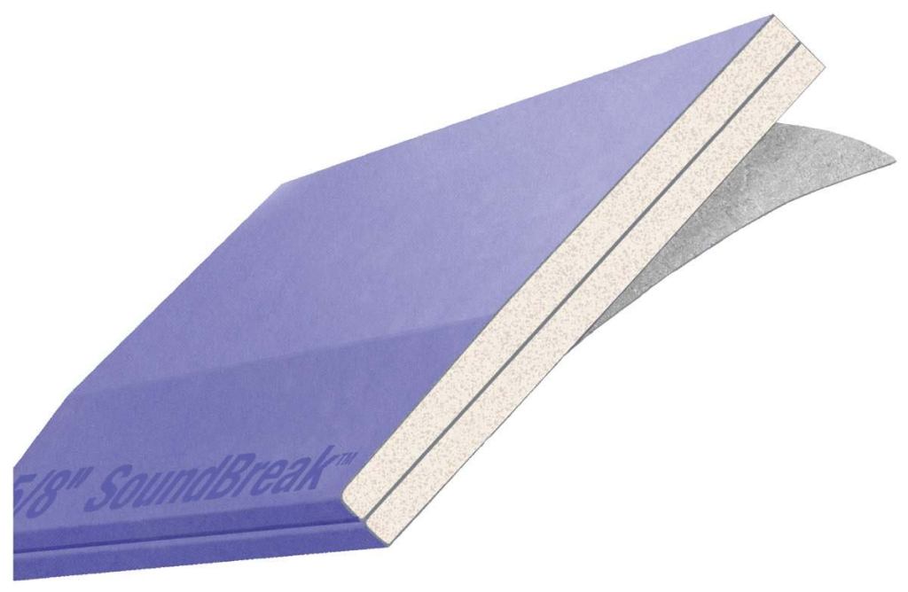 SoundBreak gypsum
National Gypsumwww.soundbreak.info
Acoustically enhanced gypsum board used in the construction of high-rated STC wall assemblies - Recycled mold- and moisture-resistant face and back paper improve indoor air quality - High-density moldresistant core - Viscoelastic polymer sandwiched between gypsum boards provides constrained layer damping 5/8-inch thick board allows for thinner wall partitions