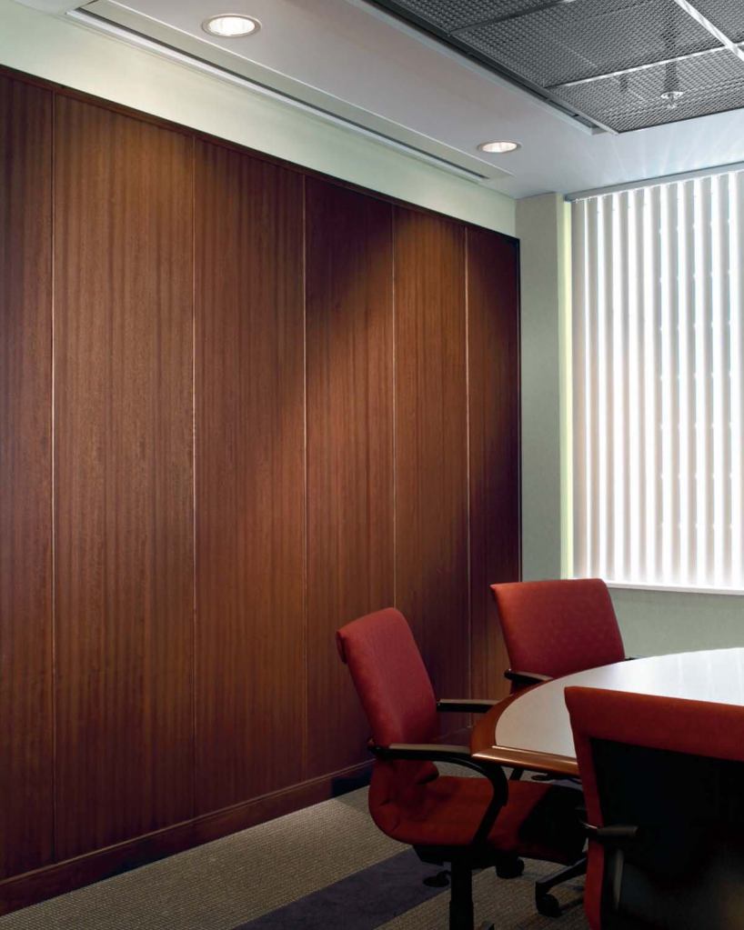 WoodWorks Ekos wall system
Armstrongwww.armstrong.com
Real-wood veneer is paired with an acoustical and sustainable substrate - No added urea formaldehyde in the adhesives, coating, or core - Emits no detectable VOCs - Substrate contains high recycled content - Mineral fiber core can be recycled with manufacturer - Available in four finishes with a variety of decorative wood and metal accessories