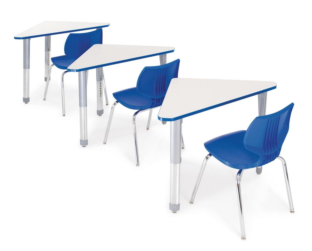 A new addition to an existing line of education furniture, the Interchange Wing Desk by Smith System features a triangular high-pressure laminate desktop. Designed to move from individual to collaborative work environments in the classroom, the desks can be used singly or arranged into square tables, clusters, or long tables. The desktop is available in 10 quick-ship colors, with bumper edges in 18 colors, and the legs are available in a scuff-resistant combination of powdercoat and chrome plate. An option for a built-in book box is also available. ¢ smithsystem.com