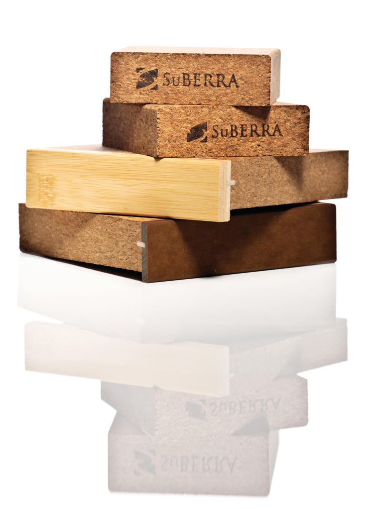 Suberra cork countertops are manufactured with postindustrial cork that is compressed with a polyurethane binder during manufacturing to create a smooth, suedelike texture. The counters have antimicrobial properties and are water- and heat-resistant. The cork is made from bark harvested every nine years, giving the trees time to regenerate. ¢ suberra.com