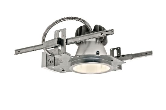 Gothams ALED direct LED downlight includes a 6" aperture with an open reflector, and an LED engine with a 3,500 K or 4,100 K color temperature and 50,000-hour rated life span. The housing accommodates a maximum 1-1/2" ceiling thickness. Five colorsclear, pewter, wheat, gold, and whiteare available for the 7-1/2"-diameter overlapping trim. gothamlighting.com