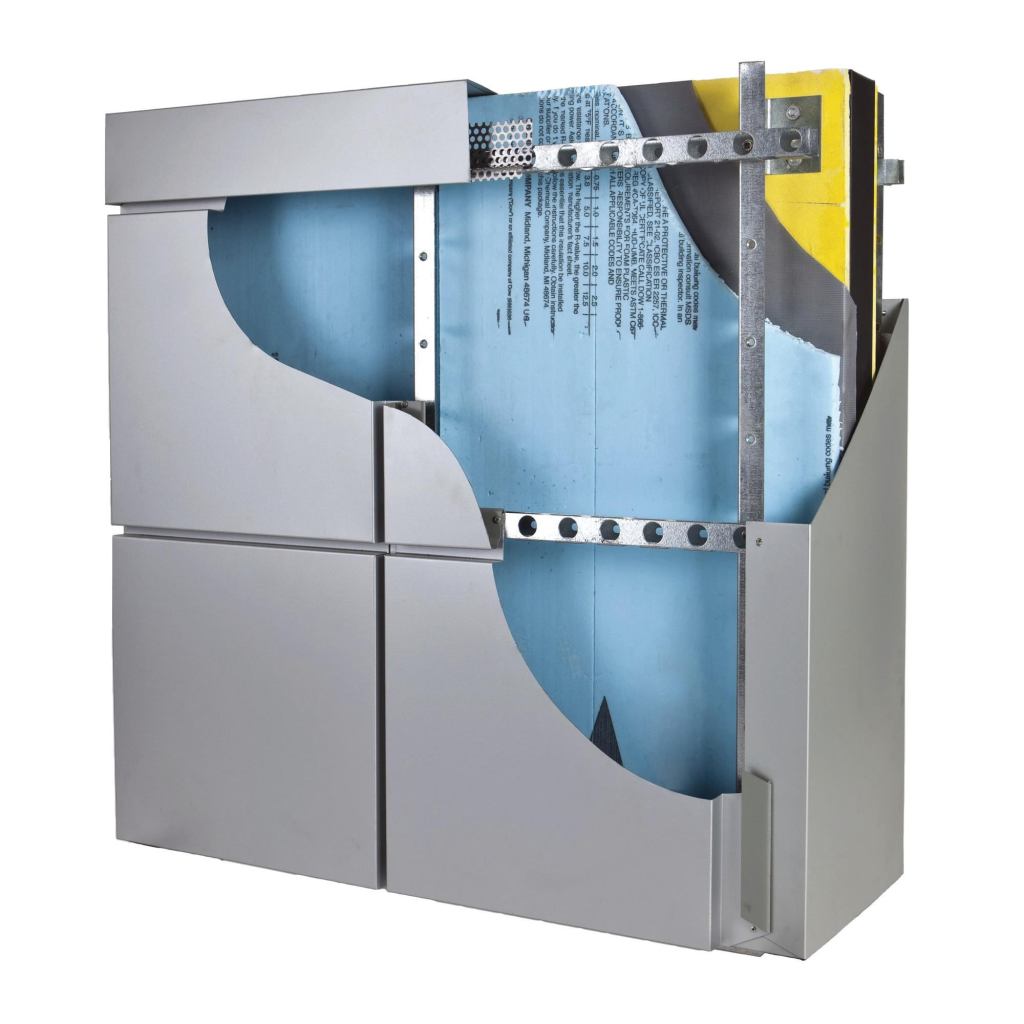 The Knight Wall System is an all-in-one rainscreen system and a drop-in solution, meaning all components are in place when its specified, including cladding and framing members. Steel framing can be specified with 2", 4", and 6" brackets, enabling different R-values of insulation to be installed external to a buildings vapor barrier while providing a cavity for moisture to drain and vapor to pass through. The system also features a patented self-leveling feature, which enables new cladding to be installed on the exteriors of existing buildings with out-of-plumb walls. Knight Wall System is suitable for commercial, industrial, and municipal construction projects. knightwallsystems.com