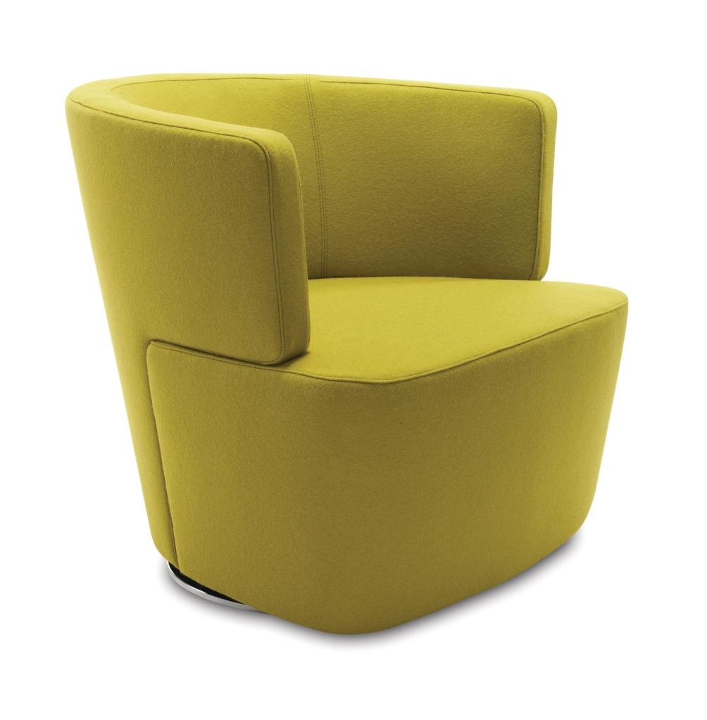 A modern reinterpretation of the club chair, Joel, distributed by Coalesse, encourages sociability, dialogue, and decision-making in a variety of live-work settingsfor example, in a lobby or as a guest chair. Designed by Eoos for Walter Knoll, the chair features double-needle stitching along the back and two-piece construction. It has an integrated swivel return mechanism allowing users to pivot easily and then automatically return the chair to its original position. The base comes in a highly-polished, environmentally friendly trivalent chrome finish. Built to order in six weeks, it comes in a wide variety of fabric and leather options. The chair measures 29" deep by 30-1/4" wide by 27-1/2" tall. coalesse.com