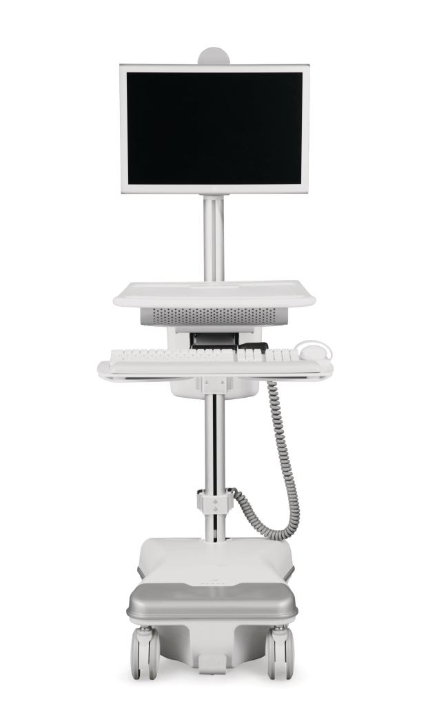 Humanscale Healthcares T5 Point-of-Care Technology Cart features integrated cable management and a power system for a computer, and is designed to meet the ergonomic requirements of 99% of users while either sitting or standing. The wheeled carts foot-operated height adjustability allows quick changes, and the keyboard, monitor, and work surface can be adjusted independently. The internal power system uses no fan, limiting the spread of pathogens, and provides 12 hours of continuous use between charges. A remote power management system relays battery information to a central location in a healthcare facility. The cart contains more than 50% recycled materials. humanscale.com