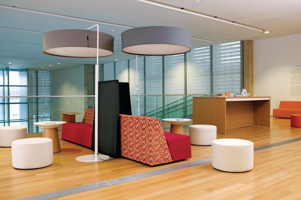 Campfire, a collection of office furniture from Turnstone, a Steelcase company, seeks to remind users of their favorite indoor and outdoor spaces to create a comfortable and collaborative work environment. The collection has six standard configurations, each inspired by different outdoor scenarios: island, oasis, base camp, lookout point, and wildlife. The collection includes a paper tablet-topped table (inspired by a backyard bonfire), a personal table, a bench/table, a lamp (inspired by a caf© umbrella), a screen, a lounge (reminiscent of a park bench), and a large table. The tables come in a variety of laminate options, and the lounge is available in 21 fabrics. campfirespots.com