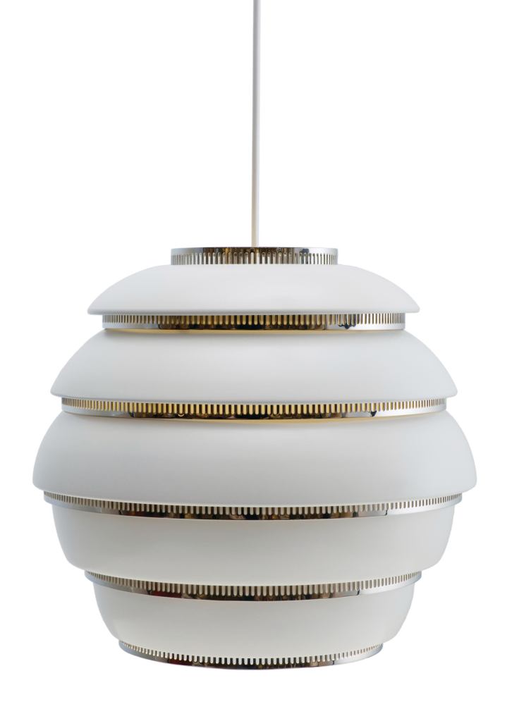 Originally designed by Alvar Aalto in 1953, the A331 Beehive Pendant from Artek has been updated with polished chrome rings. A special offering for the companys 75th anniversary, this finish is only available in 2010. Previously the fixture, which is made of painted white aluminum, was available with only polished brass rings. It comes with a white plastic cable and has two lamping options: 15W compact fluorescent and 75W incandescent. It measures 13" wide by 11" tall with a cord that is 79". artek.fi