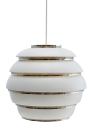 Originally designed by Alvar Aalto in 1953, the A331 Beehive Pendant from Artek has been updated with polished chrome rings. A special offering for the companys 75th anniversary, this finish is only available in 2010. Previously the fixture, which is made of painted white aluminum, was available with only polished brass rings. It comes with a white plastic cable and has two lamping options: 15W compact fluorescent and 75W incandescent. It measures 13" wide by 11" tall with a cord that is 79". artek.fi