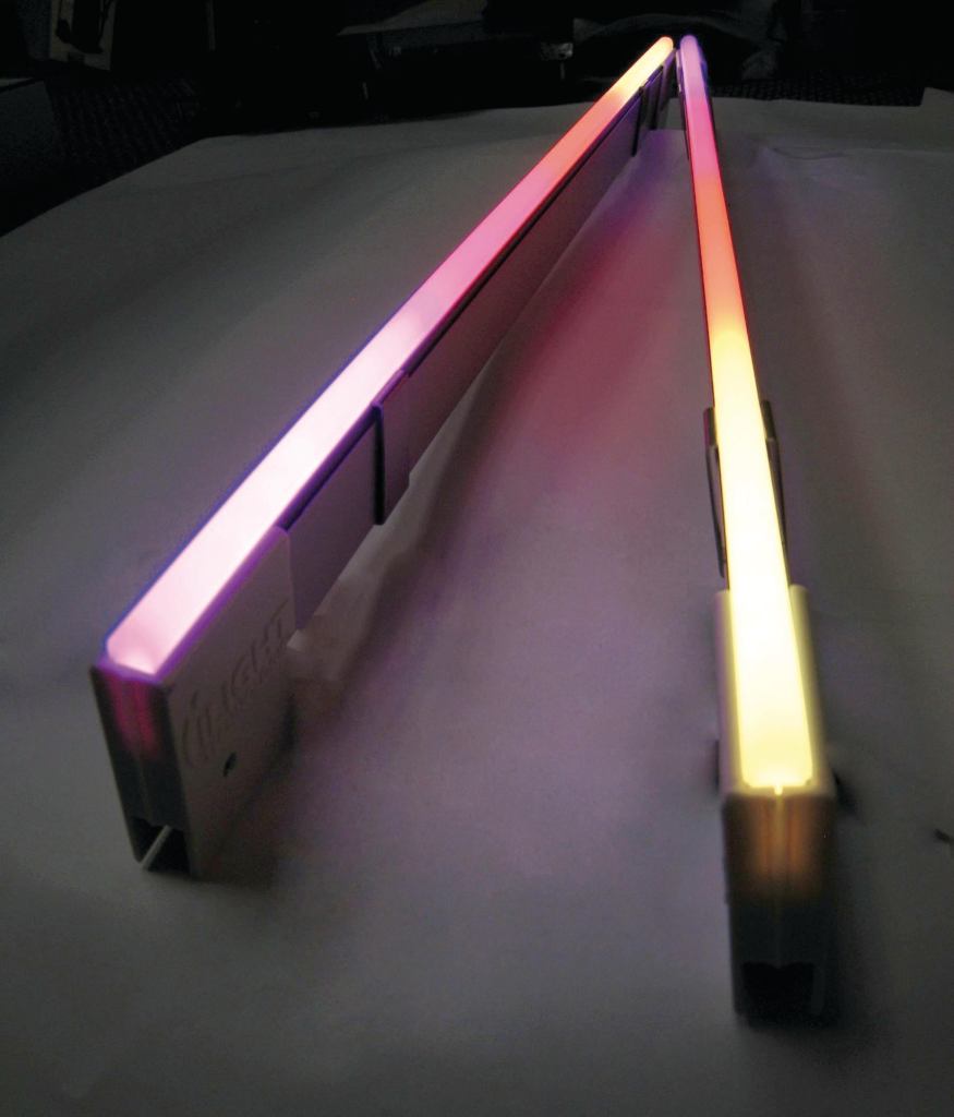 The Hypnotica linear LED fixture from iLight Technologies uses RGB technology for a full spectrum of color possibilities (its color range is 16.7 million), and can be used in situations such as interior or exterior accent lighting, display lighting, and cove lighting. Offered in 1', 2', 4', and 8' lengths, it has an anodized aluminum housing with a UV- and impact-resistant acrylic diffuser. Controllable in 6" increments, it has Remote Device Management capability for bidirectional communication between fixtures, and is DMX 512 compatible for dynamic color controlsequential color changing, color fading, multicolor blending, and dramatic color movement. The system includes power supply, clips, and wire. ilight-tech.com