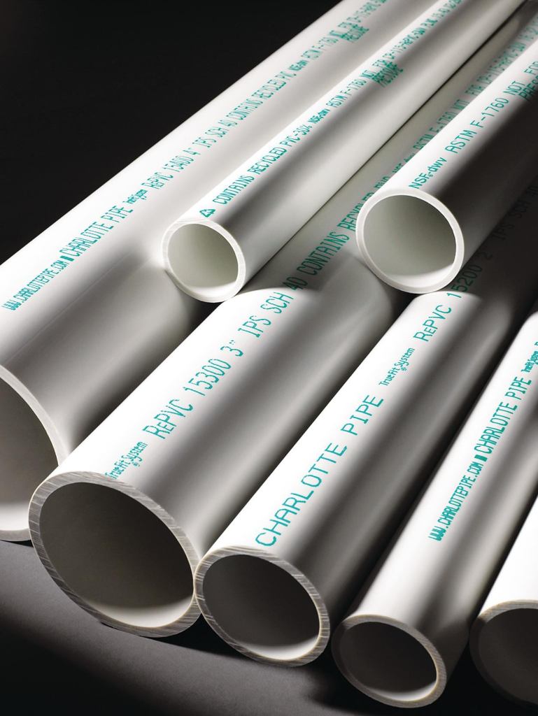 Charlotte Pipe and Foundry Co.s RePVC pipe uses 100% recycled content as the center layer, making up 30% to 80% of the pipes overall thickness. As the latest addition to the companys True Fit System, the coextruded, solid-wall Schedule 40 pipe incorporates recycled PVC, which will help expand the market for recycled materials and slow consumption of raw materials. RePVC is manufactured to ASTM D 4396 and ASTMF 1760 standards, and is NSF-listed. Charlotte Pipe also recycles 100% of its treated process water. charlottepipe.com