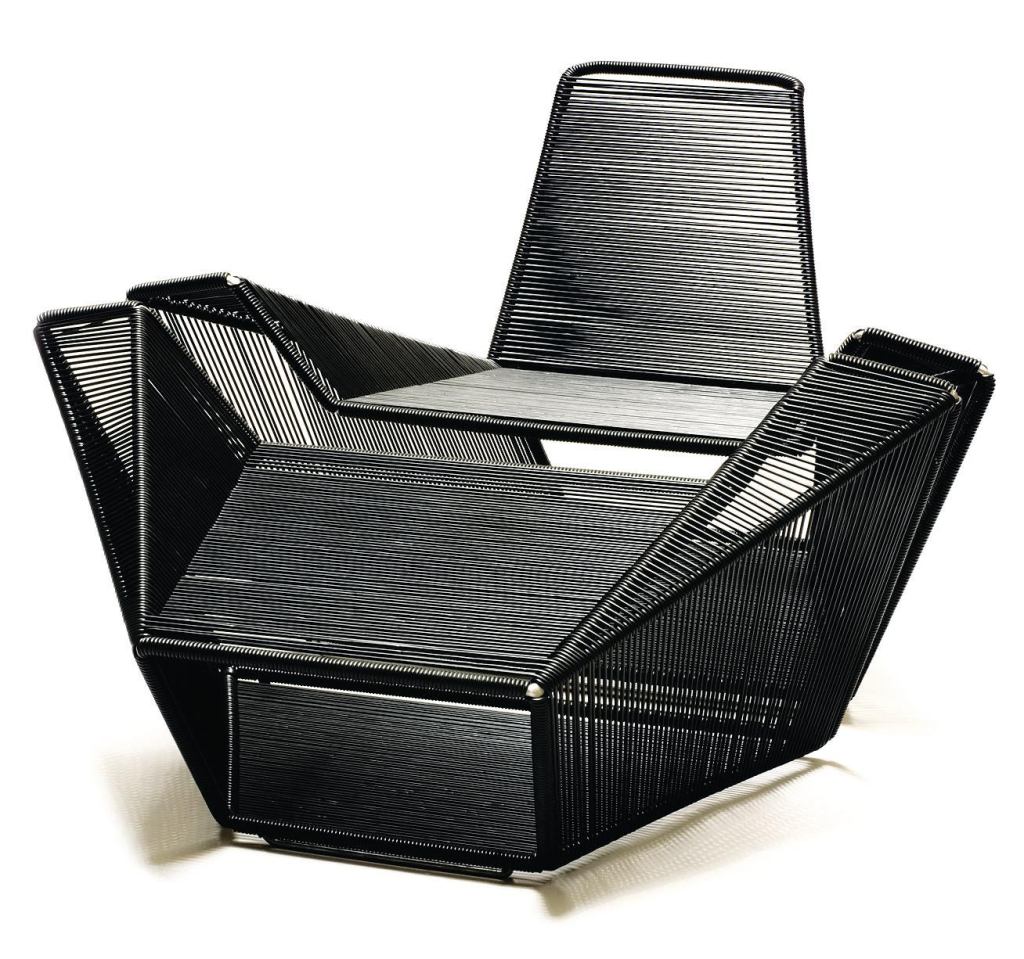 A reinterpretation of 1950s-style outdoor furniture, the Vari chair and foot stool from Henry Hall Designs are made of weather-resistant AISI 316 electropolished stainless steel, wrapped in black, white, red, blue, or green cord. The chair measures 46-1/2" wide by 35-1/2" deep by 28-3/4" tall and weighs 40 pounds. The stool is 46-1/2" wide ¨by 32-1/2" deep by 21-1/2" tall and weighs 26-1/2 pounds. The chair can be speced with a 1" knife-edge seat cushion only or with a 1" knife-edge seat and back cushion, and the stool can also be made with a cushion. The set was designed by Hector Esrawe. henryhalldesigns.com